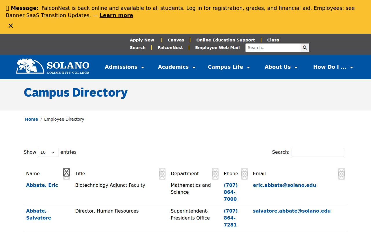 Vacaville people directories screenshot of Solano College employee listings