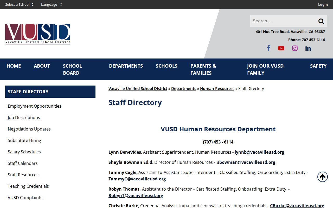 Vacaville people directories screenshot of the VUSD staff directory