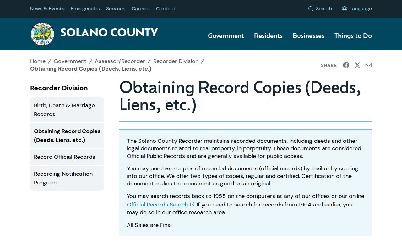 Vacaville public records copy request instructions from Solano County Recorder