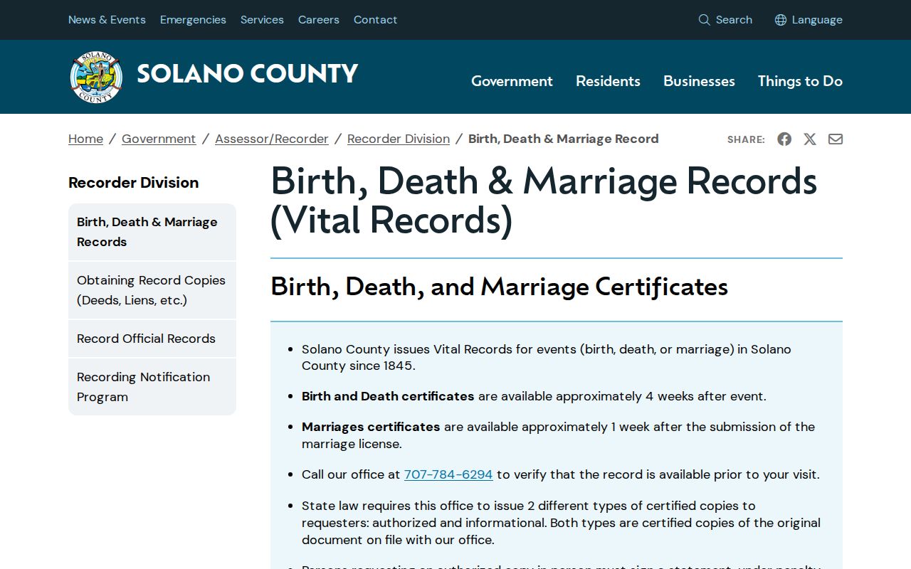 Vacaville public records instructions for Solano County vital certificates