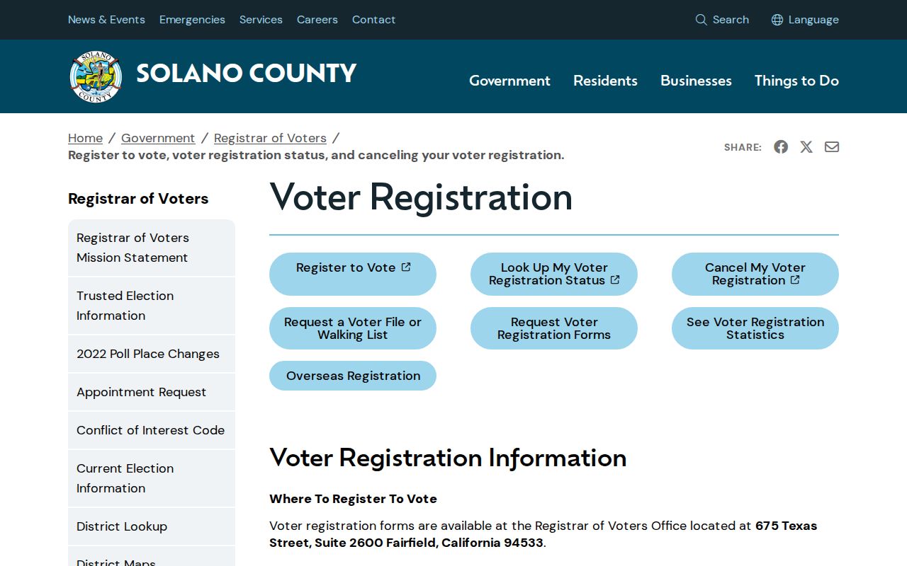 Vacaville voter records options on the Solano County Registrar page